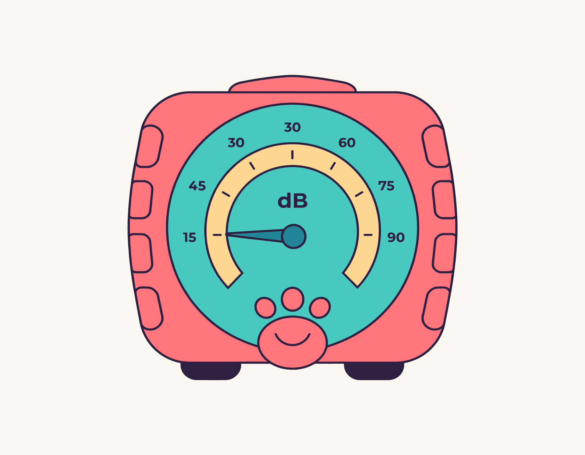 Layered sage half-arc sound-pressure dial with a single hearth-ember safety tick.